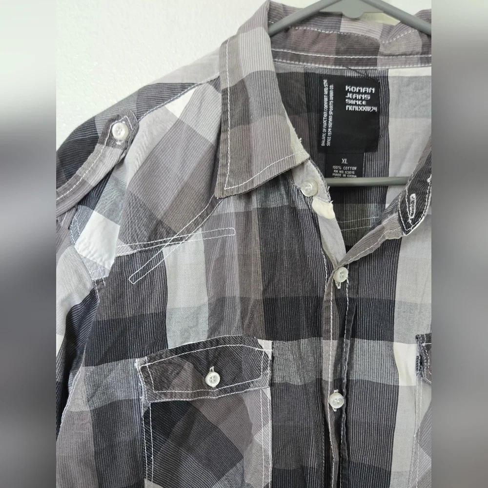 Koman Jeans Gray Plaid Button Down Shirt Size XL 100% Cotton